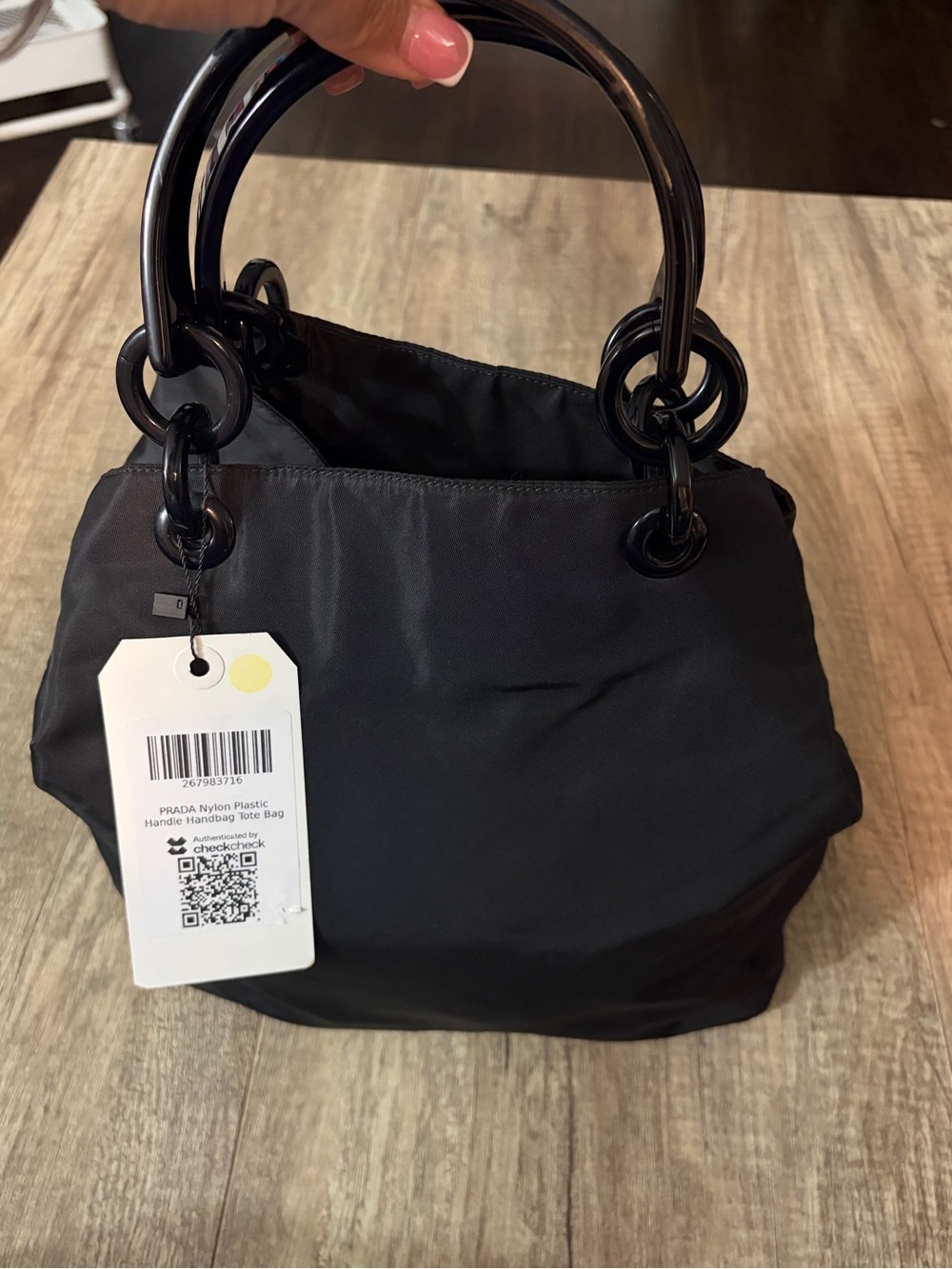 Prada Black Nylon Tote with Glossy Black plastic Ring Handles